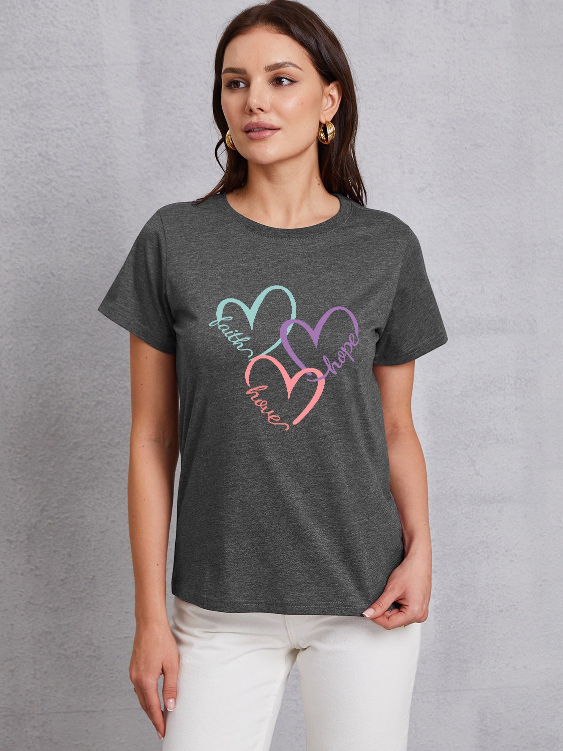 Heart Round Neck Short Sleeve T-Shirt