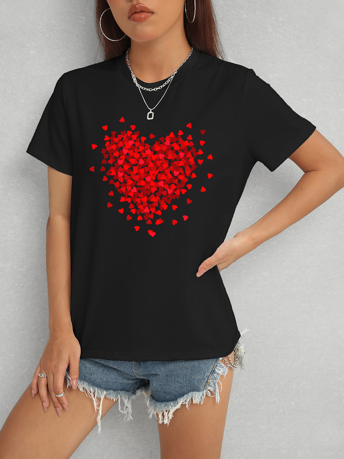 Heart Round Neck Short Sleeve T-Shirt